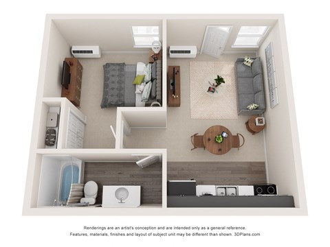 a stylized floor plan of a 1 bedroom apartment